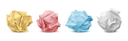 Garbage paper idea notes trash, isolated set of realistic crumpled balls. Vector failure or mistake on sheet, crinkled page or used bag, wastepaper sorted for recycling, rumpled textureのイラスト素材