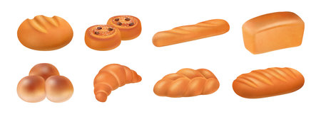 Pastry baked products variety, isolated realistic croissant and baguette, loaf of bread and buns with dried grapes. Vector fresh baking, sweets and healthy meal for eating and dieting nutritionのイラスト素材
