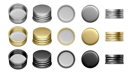 Silver gold and black bottle cap screws for containers with liquids. Vector isolated set of jar lids, side and top, front and inside view. Piece with copy space for text, clear aluminum partのイラスト素材