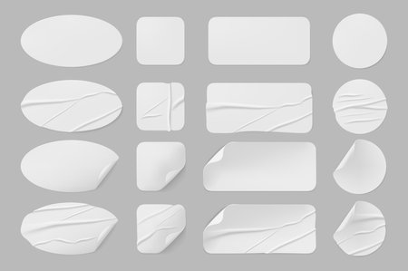 Stickers and labels with crumpled and glued surface texture. Vector isolated set of blank round and square papers with folded corners. Copy space and mockup on wet sticky notes with wrinkles creaseのイラスト素材