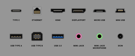 Ports in computer, realistic set of cables connectors and adapters. Vector isolated type c and mini USB, mini jack and displayport, HDMI for monitor display, microphone and dcin, ethernetのイラスト素材