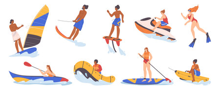 Water extreme sports and summer activities on vacation. Vector isolated set of people on jet, swimming underwater or diving, rowing or canoeing, riding on banana boat and trying windsurfingのイラスト素材