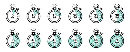 Timer showing time spent. Vector isolated set of flat stopwatches with minutes and hours. Deadline...