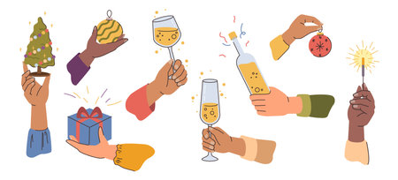 Hands holding glasses and bottles with sparkling wine or champagne. Vector people celebrating new year or xmas, holding Christmas tree, presents and baubles with ornaments patterns decorのイラスト素材