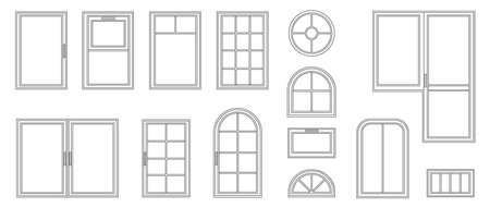 Houses and apartments windows types. Vector isolated set of wooden or plastic frames. Arched and square, balcony and small oval. Exterior and interior design, home renovation architecture setのイラスト素材
