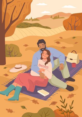 Loving couple on date having picnic on blanket. Young man and woman sit on plaid with cup of coffee and book in park at autumn season. Young family have fun, fallen leavesのイラスト素材
