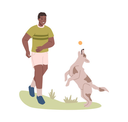 Man playing with dog with ball on grass, funny cartoon characters. Vector illustration of young male playing with puppy, cute time outside on playground, owner and playing dogのイラスト素材