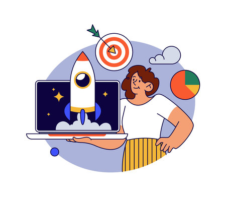 Business startup launching, isolated female personage with starting project. Vector flat girl cartoon character implementing idea based on target audience and market analysisのイラスト素材