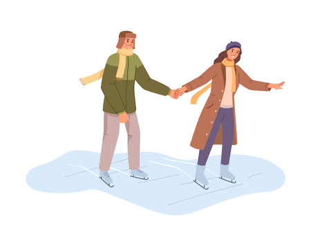 People skating on ice rink outdoors in winter, couple having fun together flat cartoon vector illustration. Man and woman skaters in cold weather. Activities in snowy park on wintertime holidaysのイラスト素材