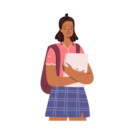 Teenage student girl smiling and holding books in hands. Isolated female personage wearing high school clothes and backpacks, university or college. Vector illustration in flat cartoon styleのイラスト素材
