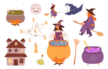 Halloween witch in cauldron, building and ghost creepy characters flat cartoon icons set. Vector illustration of full moon, alchemy star and burning candle, hat and potionのイラスト素材