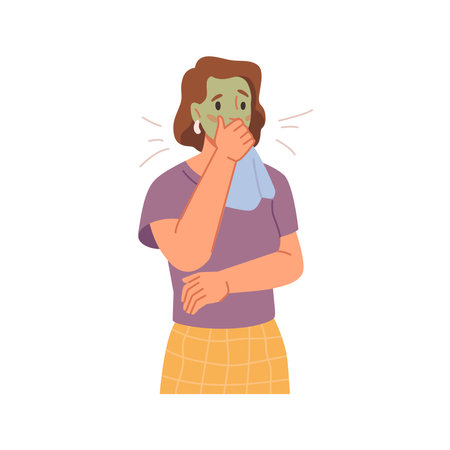 Diarrhea or constipation, problems with health concept. Young sad woman standing feeling pain and thickness, green face. Abdomen disease and illness flat cartoon vector illustrationのイラスト素材