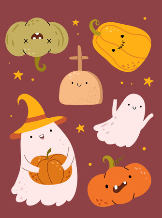 Happy Halloween party, ghost and crazy pumpkins, cemetery graveyard with cross, stars. Vector illustration of nightmare, Halloween holiday background with laughing pumpkin squash emoticonsのイラスト素材
