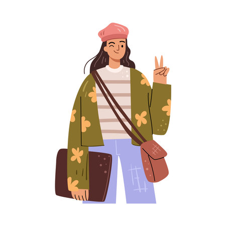 Teenager student wearing fashionable and modern clothes gesturing showing victory sign. Isolated college or university pupil with books and bag. Vector illustration in flat cartoon styleのイラスト素材
