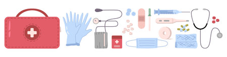 Emergency first aid kit with medicine and equipment for health care and treatment. Vector bandage for wound, gloves and mask from viruses, pipette and thermometer, medication and capsulesのイラスト素材