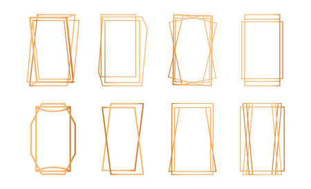 Golden geometric frames set. Vector isolated set of abstract gold polyhedron borders with copy space. Empty banners or posters design, invitation card or party template, social media highlightsのイラスト素材
