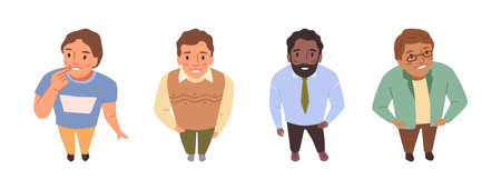 Overhead people from different social strata looking up. Vector isolated surprised male cartoon characters faces watching and staring, top down view. Amazed shocked men, standing and gazingのイラスト素材