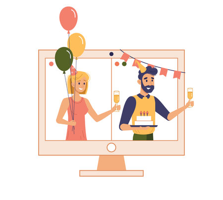 Online party, virtual meeting with friends. Vector man and woman in festive hats with balloons and flags, cake and glass of champagne. People celebrate event remotely. Video call during self isolationのイラスト素材