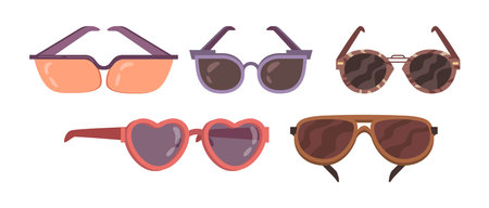 Eyeglasses protecting eyes from sunshine and sunlight, isolated set of sunglasses accessories for men and women. Vector tropics and summertime rest, fashionable stylish model of spectaclesのイラスト素材
