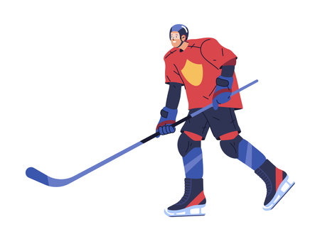 Hockey male personage, team player wearing protective uniform and helmet playing game on ice. Sportive challenge or competition for professionals. Vector cartoon character in flat styleのイラスト素材