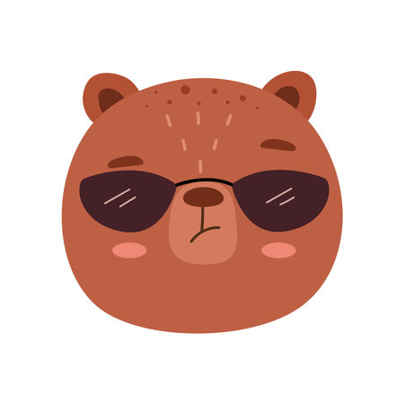 Cute cartoon bear face, isolated cool grizzly mascot icon, emoji label design. Vector teddy wearing sunglasses. Emoticon,   or sticker of animal with furry coat and cute muzzle expressionのイラスト素材