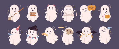 Halloween ghosts wearing costumes. Vector isolated set of cute poltergeists and apparitions. Witch and death, mummy and vampire. Treat and trick flying spirit character with smiling faceのイラスト素材