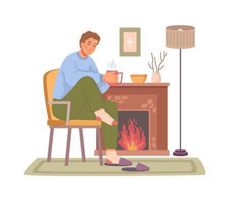 Man in warm cloth drinking coffee at fireplace, flat cartoon character has rest at home in winter. Person resting on chair with hot drink. Vector man near fire in room, lamp and carpetのイラスト素材
