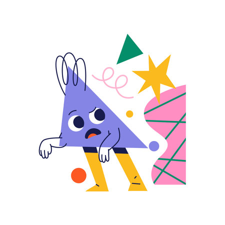 Triangle personage with legs and surprised or confused facial expression. Vector cartoon character, sticker or emoji. Geometric shape creature, figure for kids to learn geometry forms namesのイラスト素材