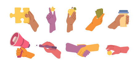 Hand process of searching statistics data consider creativity, flat cartoon vector. Handshake sing of interaction, holding megaphone and cash, pen and coffee. Teamwork and development setのイラスト素材