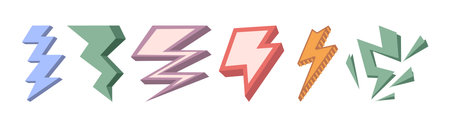 Zigzag geometric shape, isolated collection of flash sign. Vector electricity danger, thunderstorms and powerful energy, bolt. Voltage or battery charge label. Bright strike thunderのイラスト素材