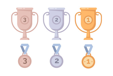Achievement award set, isolated trophy collection. Vector golden, silver and bronze medals and champ cup. Champion awards and prizes for winners in sport, school, kids camp activities and competitionsのイラスト素材