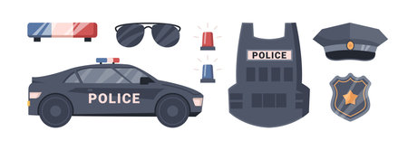 Set of elements for sheriff or officer work. Vector police man equipment collection. Isolated hat, patrol car and special flashers of emergency dept, cop badge and bulletproof vestのイラスト素材