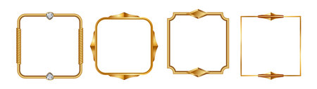 Game classic frame of gold with brilliants, realistic design. Vector photoframe with diamonds, retro classical decoration, plank picture framing. Empty ornamental borders setのイラスト素材