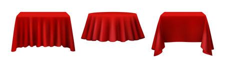 Curtain reveal realistic, surprise satin cover of red velvet on shape of round table. Vector presentation drapery cover, red textile exhibition and ceremony podium, luxury show pedestalのイラスト素材