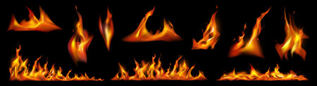 Flaming hot fire, burning or heating firing lines in realistic design. Bonfire or campfire backgrounds, orange fiery objects, glowing flare flaming explosions on black backgroundのイラスト素材