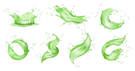 Green splashes of juice realistic juicy splatter spiral waves. Kiwi or apple fruit berries splashing juice or jam, isolated icons. Splash juice realistic juicy, smoothie swirls. Splatter spiral wavesのイラスト素材