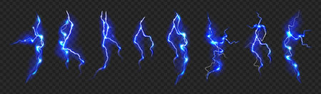 Electrical discharge, bursts of energy or electricity. Vector isolated set of realistic flashes and sparkles, glowing and shining. Lightning or powerful natural phenomena, transparent backgroundのイラスト素材