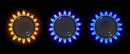 Gas burners top view, isolated set of realistic hobs with yellow and blue flames. Vector kitchen appliances for preparing meal and cooking at home. Economic technology for boiling and heatのイラスト素材