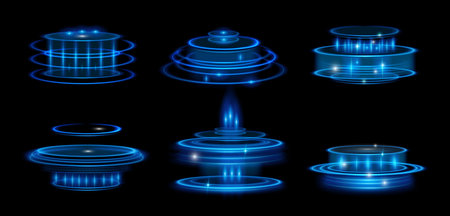 Portal and hologram futuristic circle elements in HUD style teleport podiums with light and glow. Vector isolated set of modern futuristic tunnels. UI virtual reality projector, abstract technologyのイラスト素材