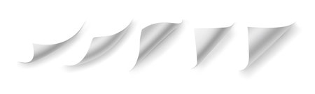 Paper page with curly corners. Vector document rolled borders, realistic 3d sheet bent angle or bookmarks with creased angles. Isolated leaf of magazine, sticker curved endpoints edges setのイラスト素材