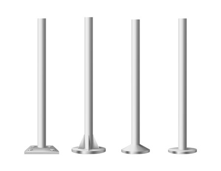 Metal poles. Vector realistic columns. Template design for urban advertising banners. Set of glossy steel pipes various shapes. Chrome pillars for billboard and streetlight or constructionのイラスト素材