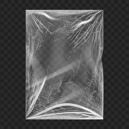 Stretch film plastic or cellophane bag, torn and deformed texture of material. Vector isolated crumpled polythene wrapping with wrinkles and crumpled surface. Damaged foil or film, peeledのイラスト素材