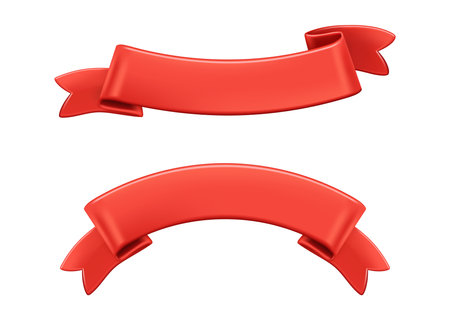 Folded ribbon for sale banner or advertisement, game or application. Vector isolated set of realistic 3d banners with copy space, curved silk or satin red stripes for text. Paper tags for announcementのイラスト素材