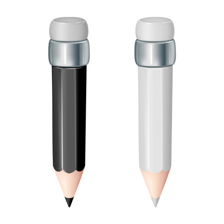 Pencils with rubber for erasing. Vector isolated set of drawing and writing instruments. 3d icon of realistic tool for artists, school and office supplies. Stationery with blank surface for adsのイラスト素材