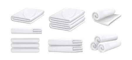 Clean fresh towels folded in heap. Vector isolated realistic pile or rolls of soft textile for hygiene. Home interior decoration for bathroom. Spa salon or massage, stack of clothes with copy spaceのイラスト素材