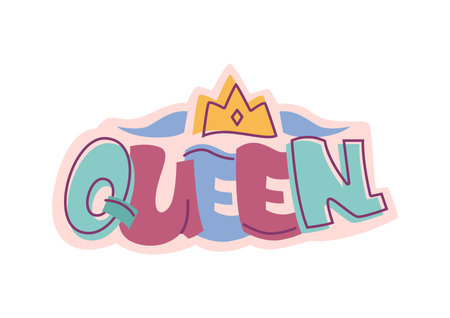 Queen word in street art or graffiti style, comic speech sound effects in creative manner. Vector isolated sticker with modern font and colorful letters. Crown with gem drawing, media reactionのイラスト素材
