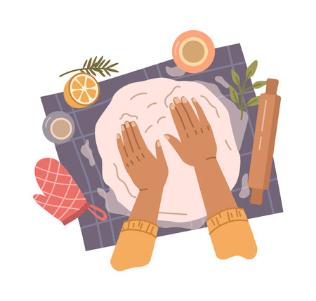 Kneading dough hands, rolling pin and seasoning, mitten for baking flat cartoon vector illustration. Woman rolls homemade dough, top view. Cooking healthy food by recipe, pie preparingのイラスト素材