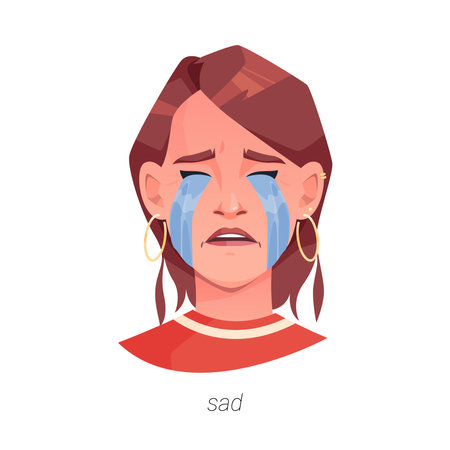 Sad facial expression of girl, crying woman. Vector isolated flat cartoon character, upset lady with river of tears. Sadness and frustration, female personage with closed eyes teardropsのイラスト素材