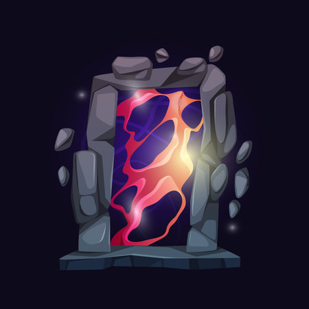 Traveling in space and time using portals in game. Vector isolated magic entrance or stone games with plasma or magma flame, fire and heat. Gateway for teleportation or leveling up for playerのイラスト素材