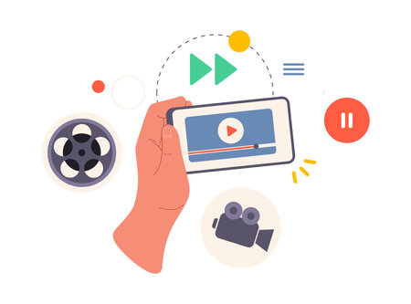 Smartphone screen with video application, flat cartoon vector illustration. Isolated hand with mobile phone display showing movie or film streaming. Entertainment and fun with online servicesのイラスト素材